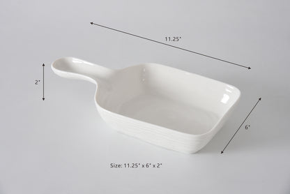 White ceramic dish with dimensions labeled on a gray background
