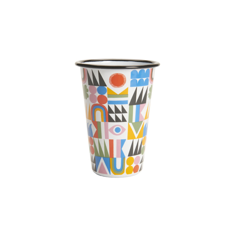 white metal tumbler with black rim and colorful geometric pattern on it.