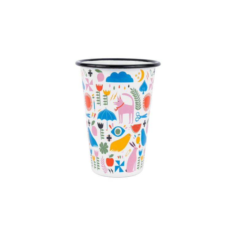 white metal cup with black rim and colorful graphic pattern.