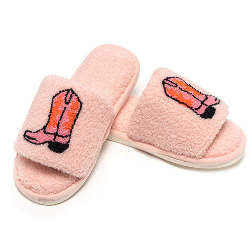 pink slipper slide with boot on them.