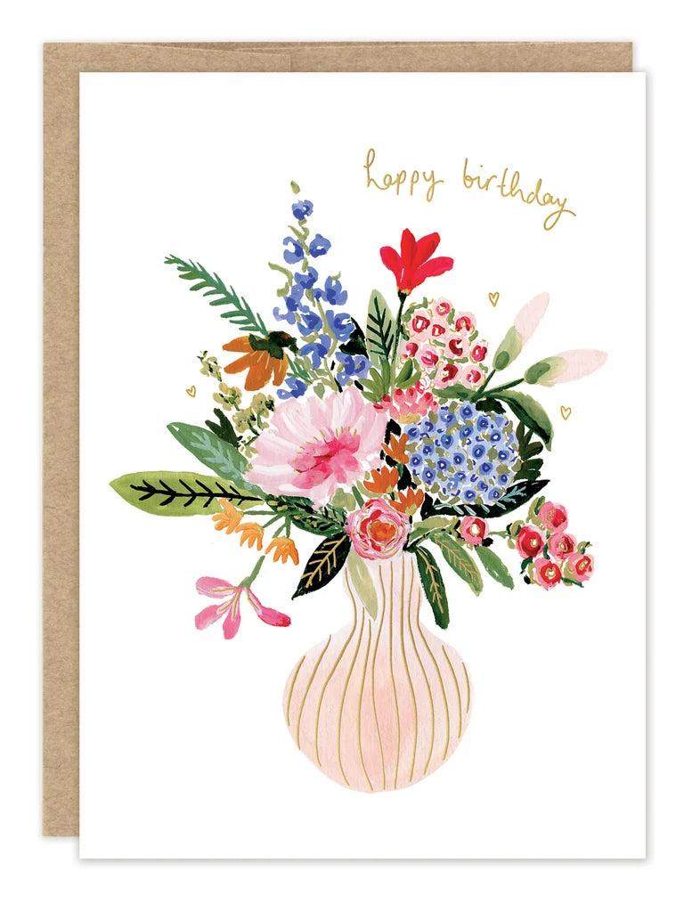 front of card featuring a vase of flowers and gold text