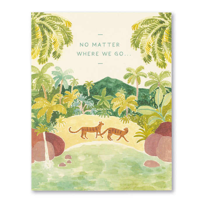 front of card has illustration of two tigers walking near a pond in the jungle and text listed in the title and displayed against a white background