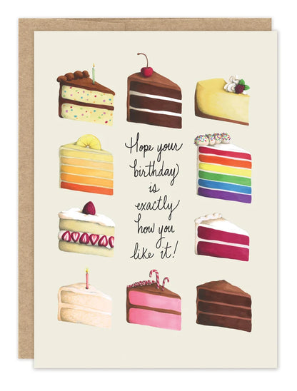 front of birthday card featuring different slices of birthday cake