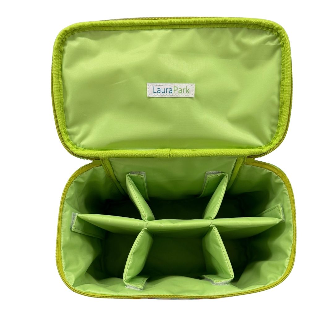 interior view of the dogwood train case showing multiple compartments
