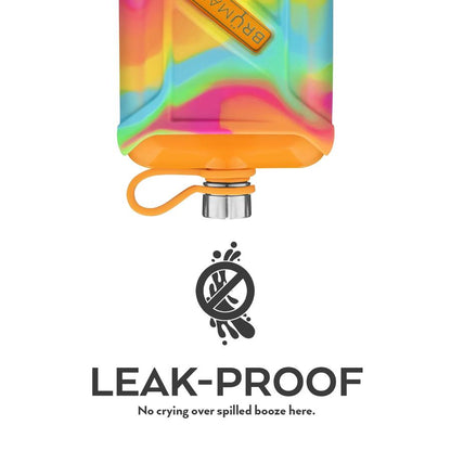 tie dye canteen illustrating that it is leak proof with text