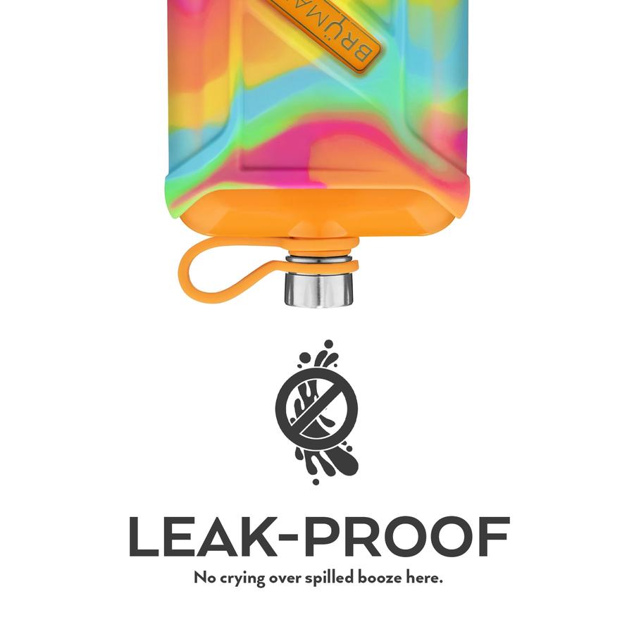 tie dye canteen illustrating that it is leak proof with text