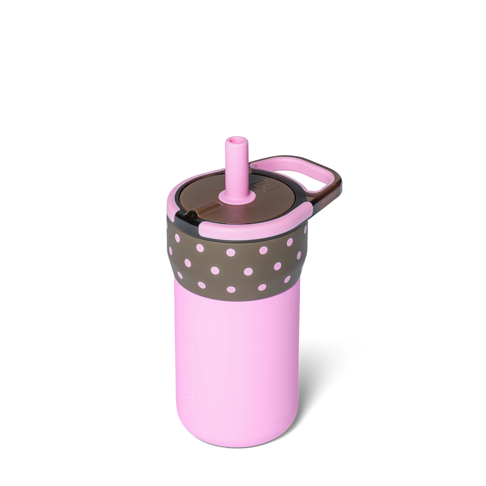 A pink insulated tumbler with a lid, pink straw, and a brown band with pink polka dots, shown on a white background.