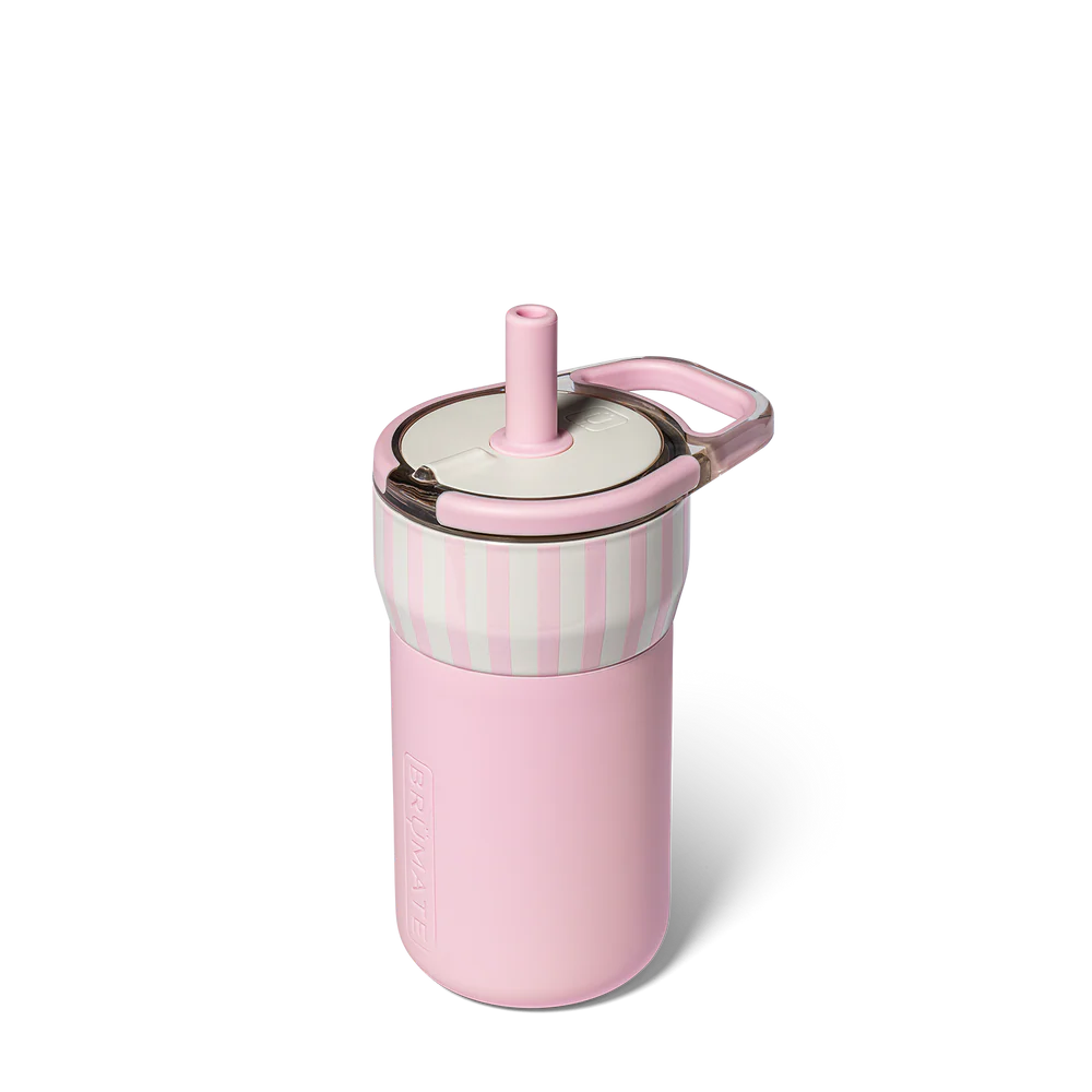 child sized water bottle with straw with pink base and off white and pink stripe top