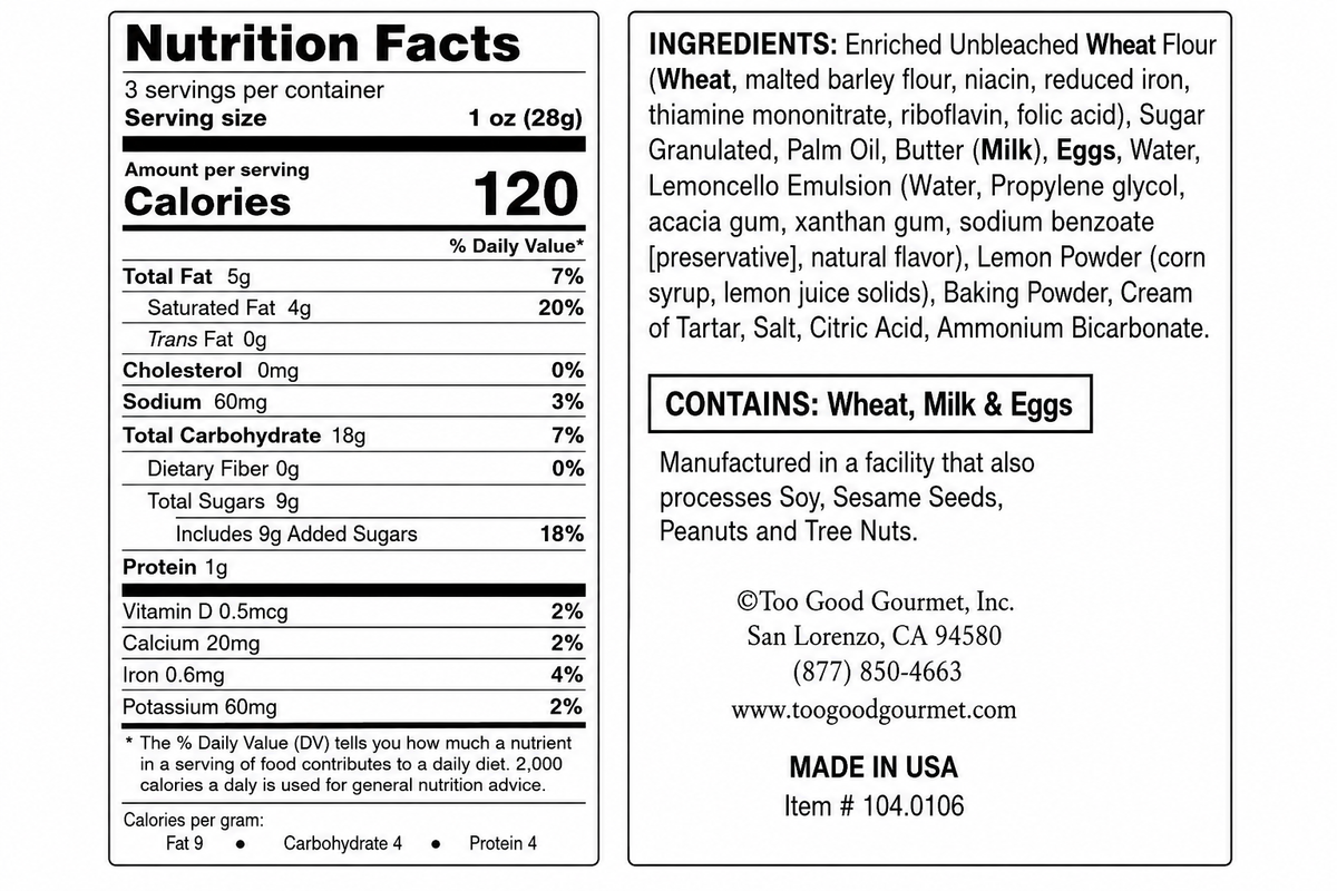 Lemoncello Crisp Cookies Nutritional Facts & Ingredients list