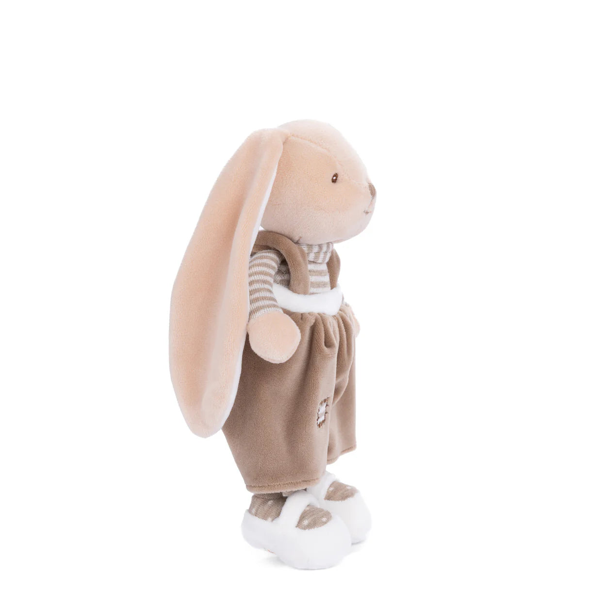 side view of bunny brother with brown pants plush toy