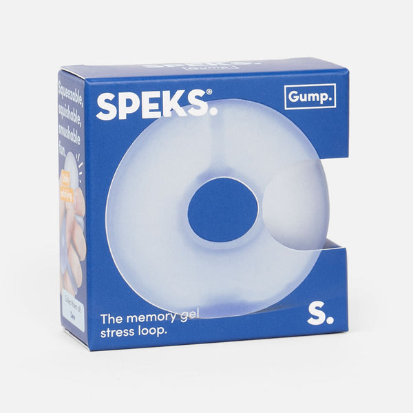 Speks memory gel stress loop packaging with blue background