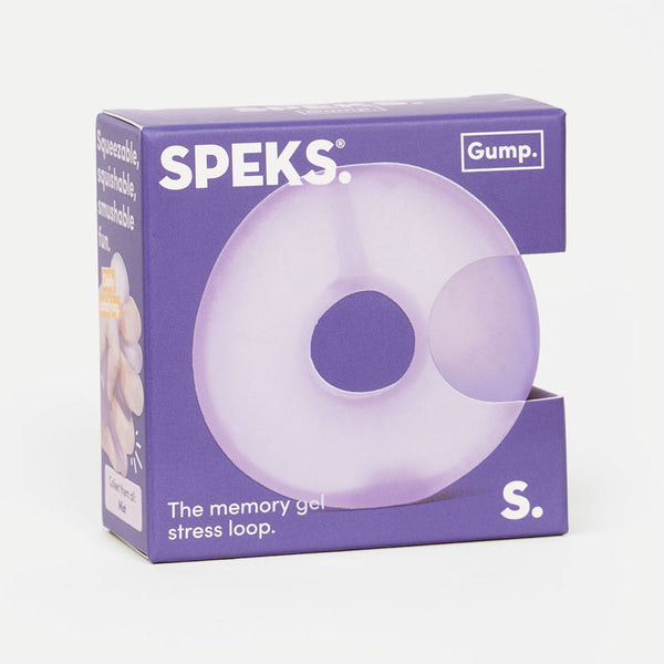Purple packaging of Speks memory gel stress loop with visible branding.