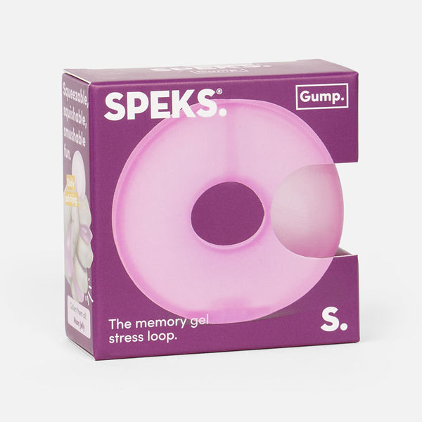 Purple packaging of Speks pink memory gel stress loop with visible branding on a white background
