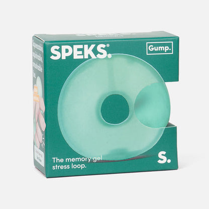Speks memory gel stress loop packaging with green product on a white background