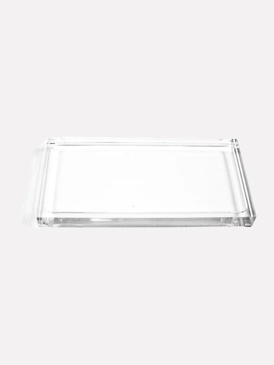 large clear acrylic tray on a white background