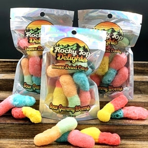 photo of package of freeze dried sour gummy worms and candy on counter