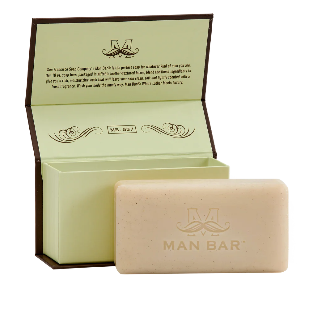 Cardamom & Juniper Exfoliating Man Bar set next to its open box