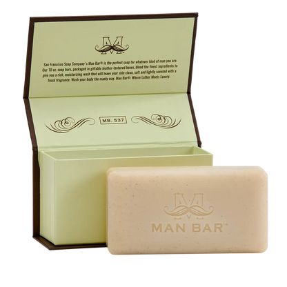 Cardamom & Juniper Exfoliating Man Bar set next to its open box