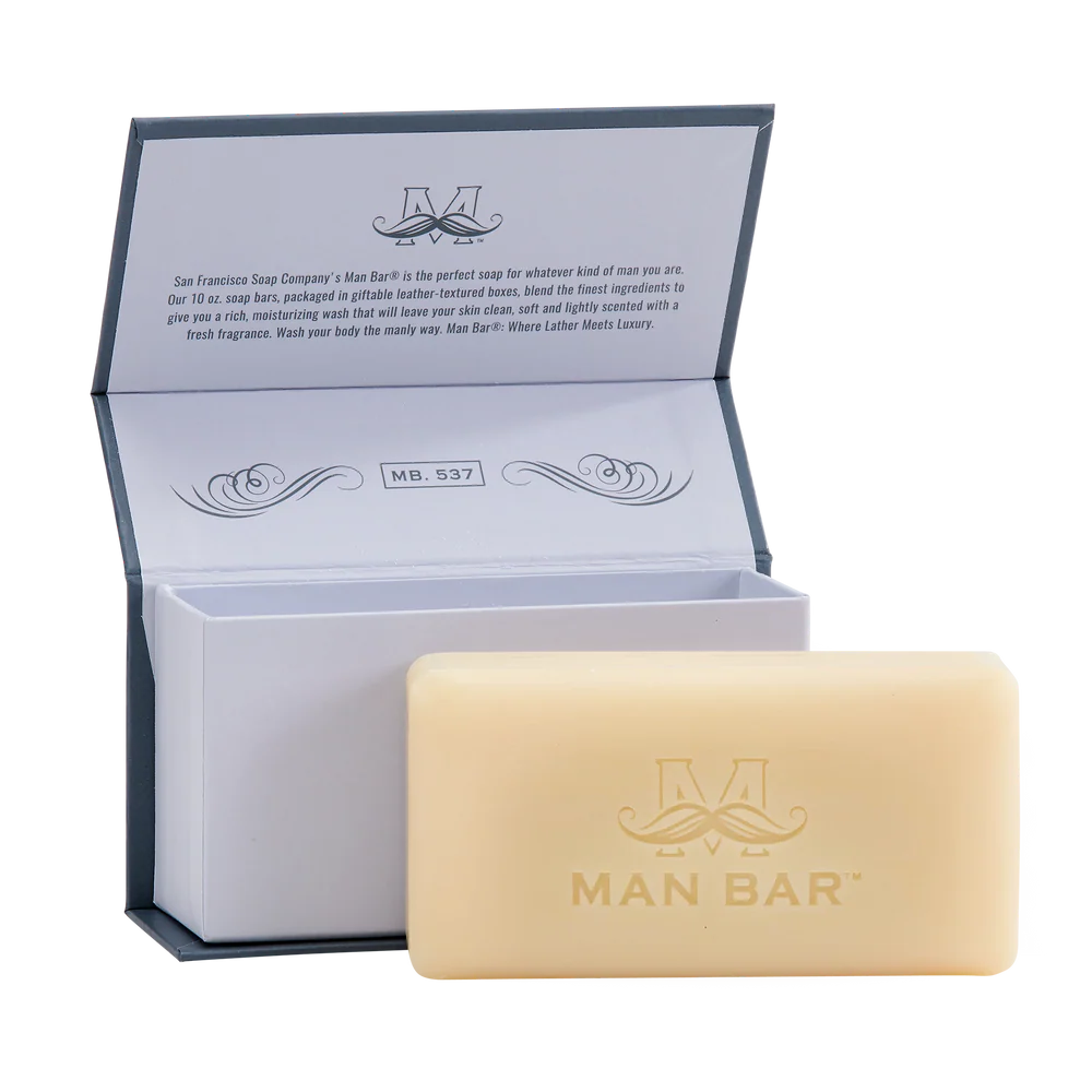 Peppered Patchouli Refreshing Man Bar set next to its open box packaging