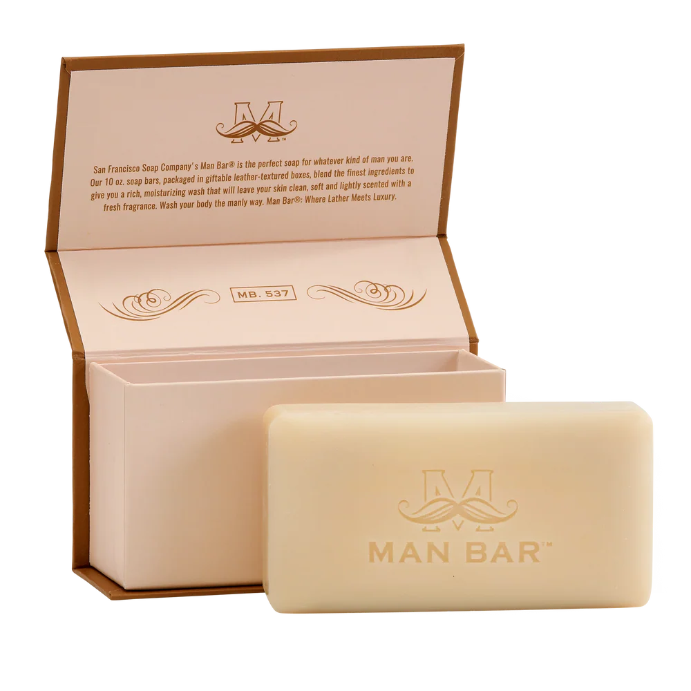 spiced tobacco moisture rich man bar set in front of its open box packaging