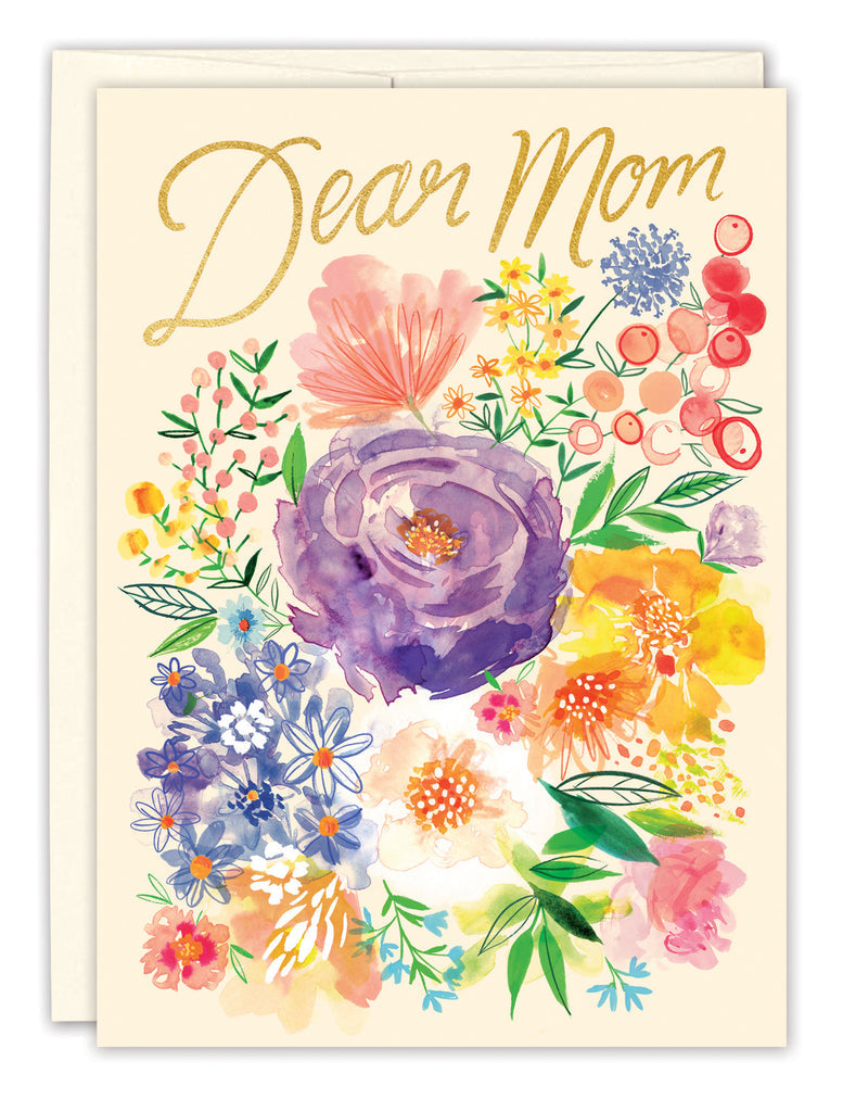 front of card is pale pink and full of colorful flowers and gold italic text listed in the description in front of a white envelope on a white background