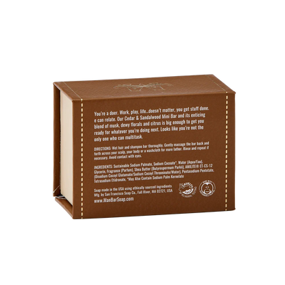 back view of brown box for Cedar & Sandalwood Hair + Body Mini Man Bar