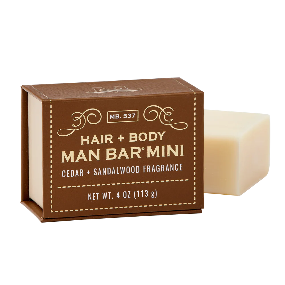 Cedar & Sandalwood Hair + Body Mini Man Bar set next t oits brown box packaging