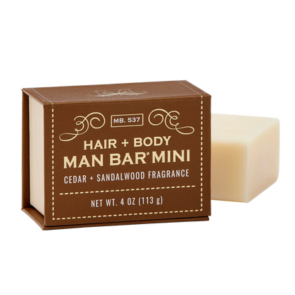 Cedar & Sandalwood Hair + Body Mini Man Bar set next t oits brown box packaging