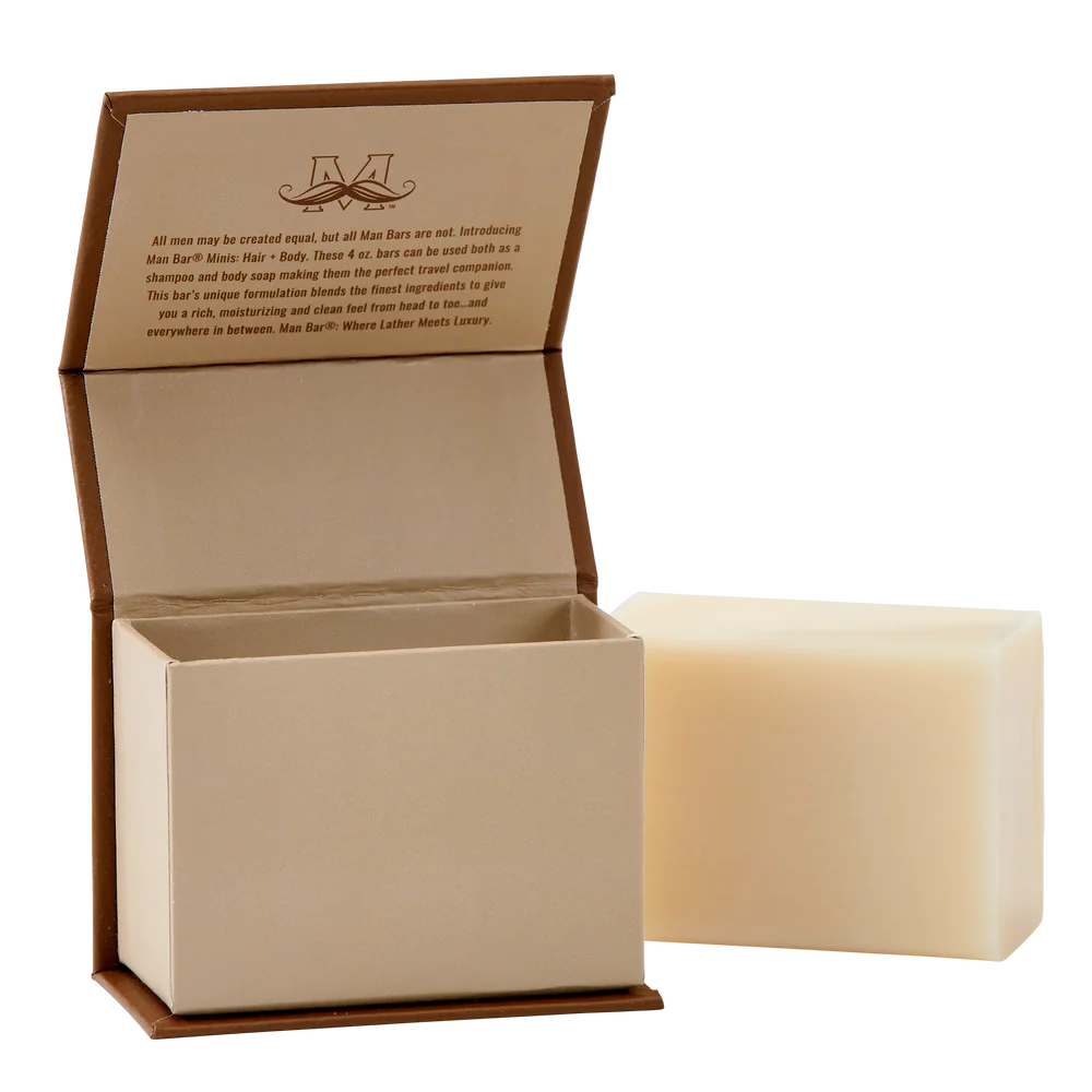 Cedar & Sandalwood Hair + Body Mini Man Bar with its open box