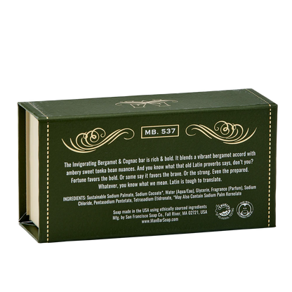 back view of box packaging for bergamot cognac invigorating man bar 