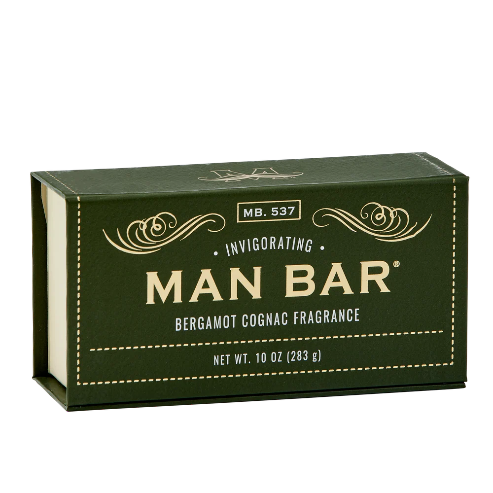 green box packaging of bergamot cognac invigorating man bar with gold lettering 