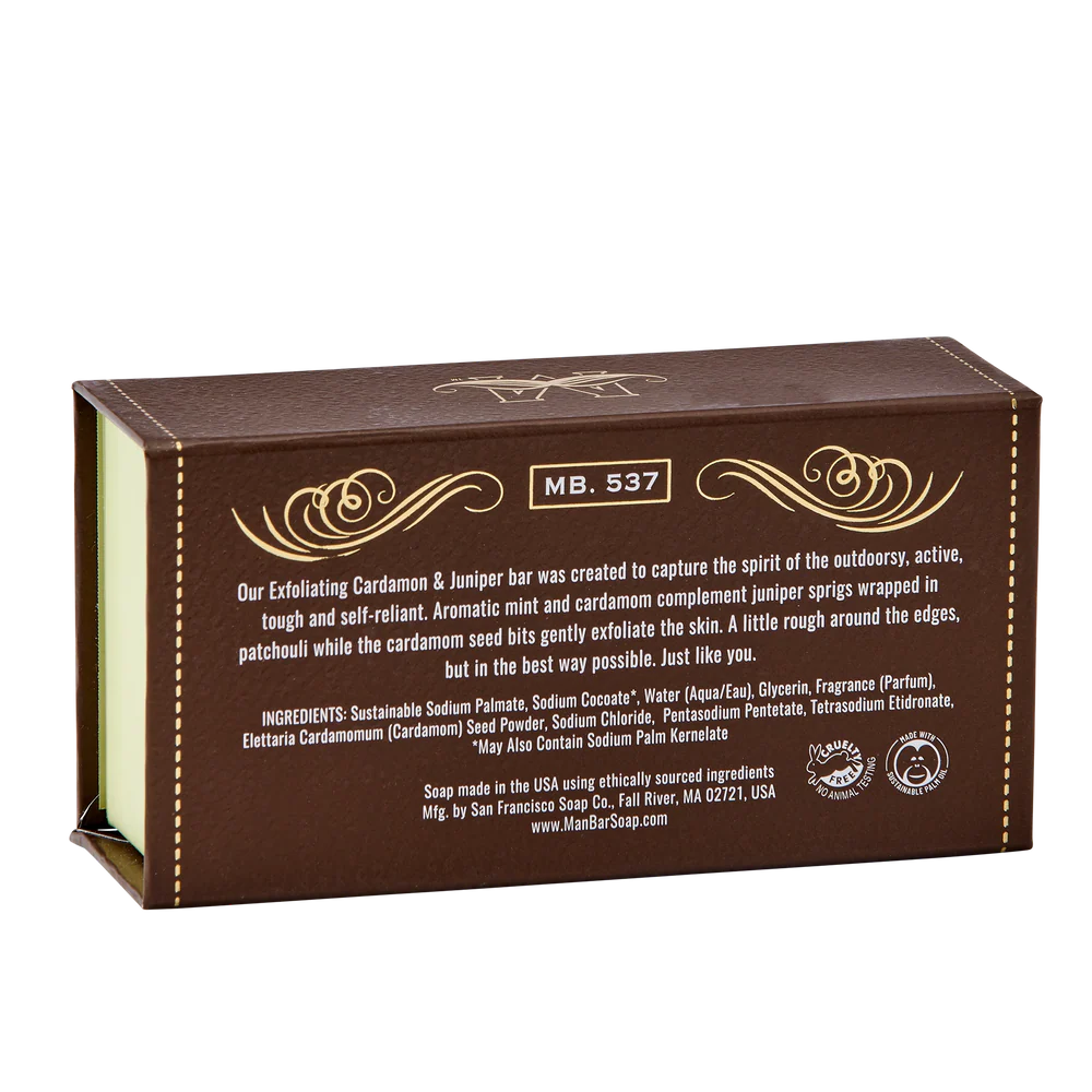 back view of box for cardamom & Juniper Exfoliating Man Bar