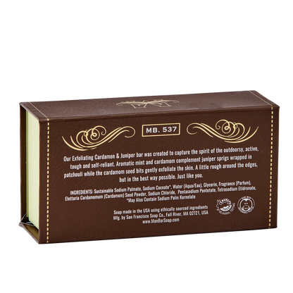 back view of box for cardamom & Juniper Exfoliating Man Bar