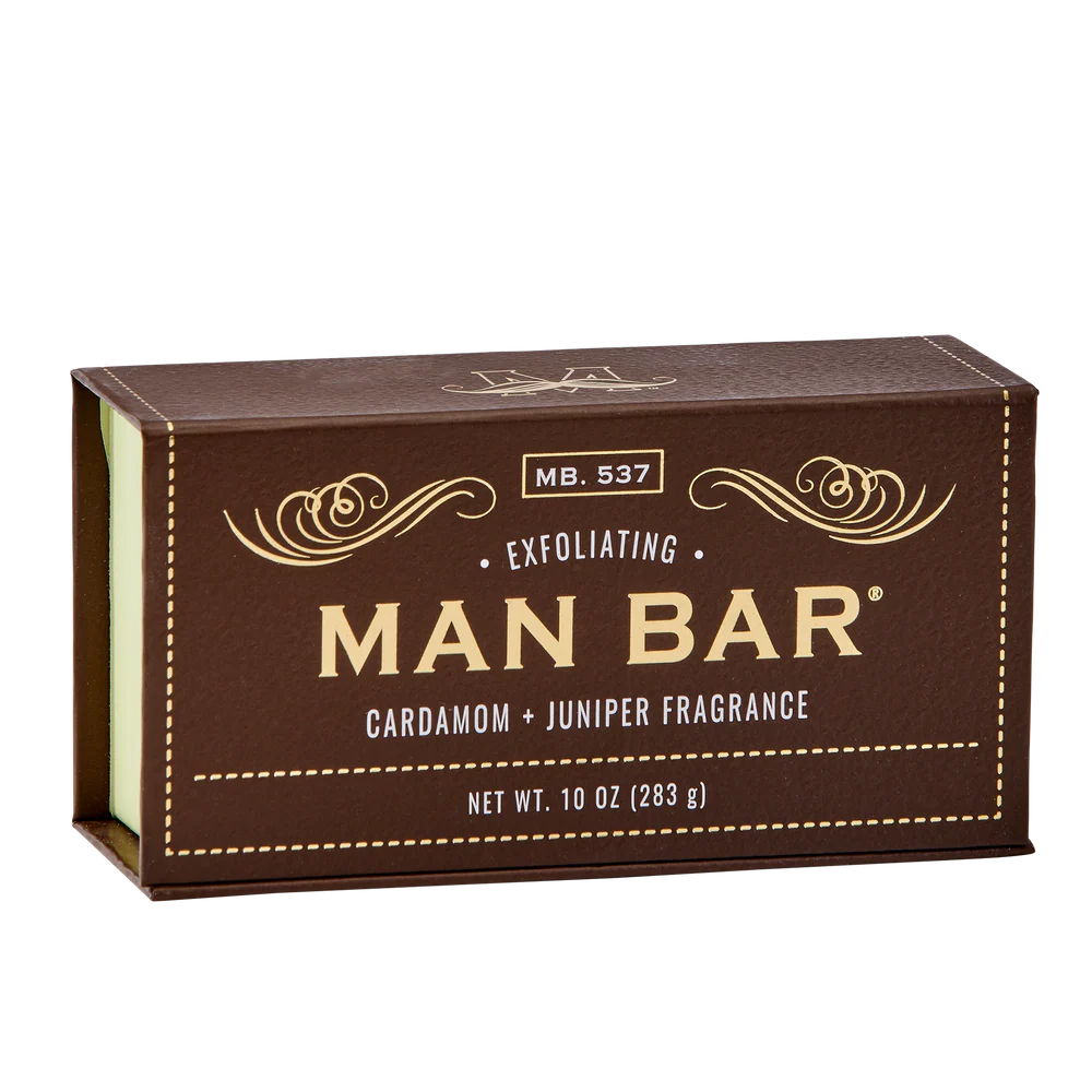 brown box packaging for Cardamom & Juniper Exfoliating Man Bar with gold lettering