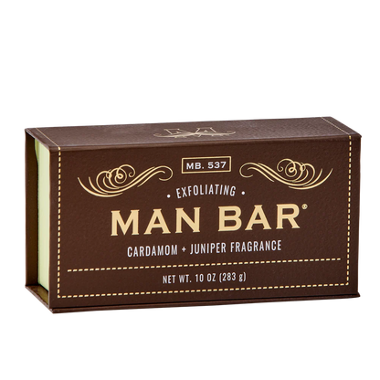 brown box packaging for Cardamom & Juniper Exfoliating Man Bar with gold lettering