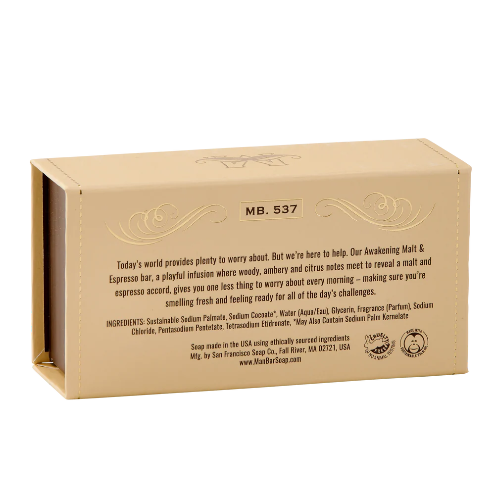 back view of box packaging for  malt and espresso awakening man bar