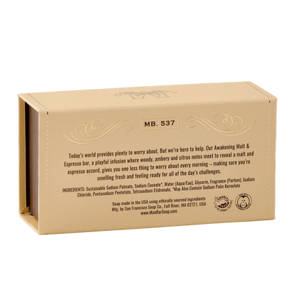 back view of box packaging for  malt and espresso awakening man bar
