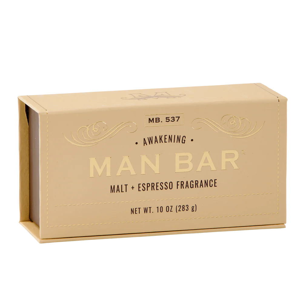 box packaging for malt and espresso awakening man bar with gold lettering