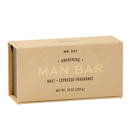 box packaging for malt and espresso awakening man bar with gold lettering