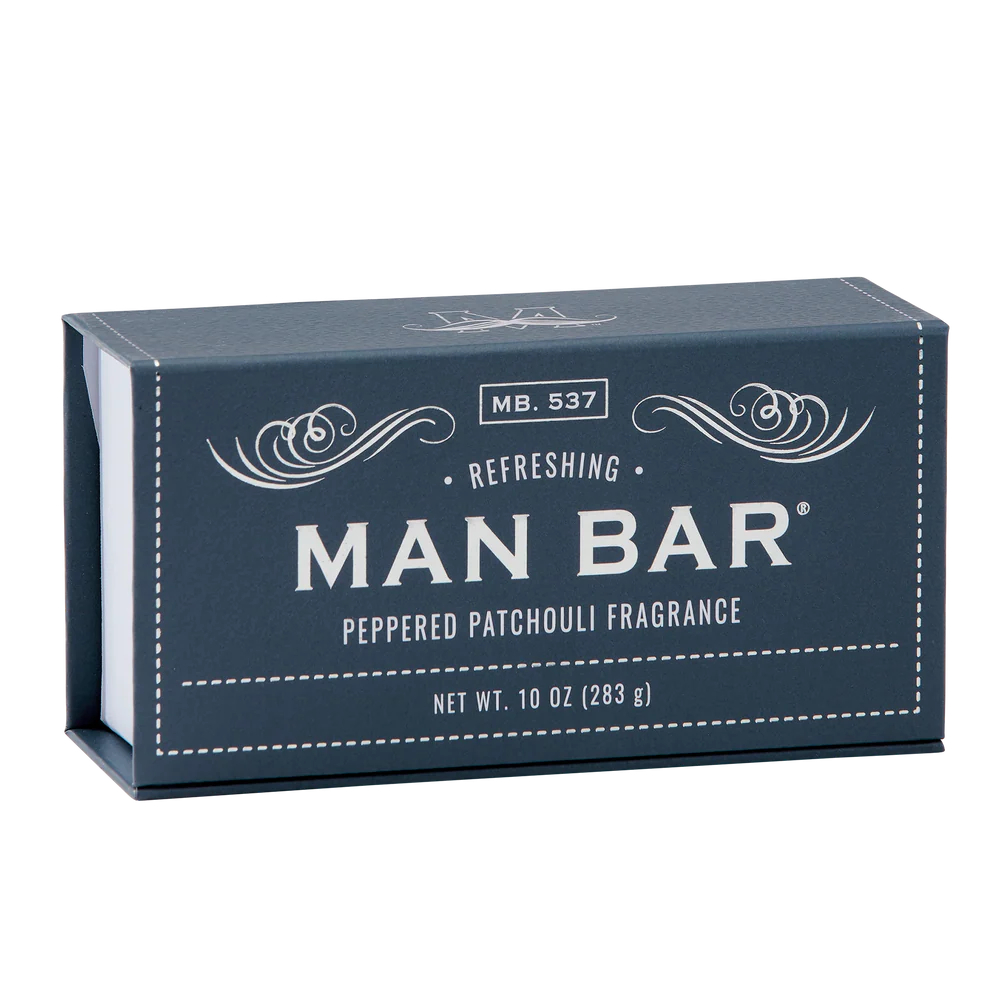 grey box packaging for Peppered Patchouli Refreshing Man Bar with white lettering