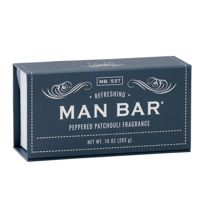 grey box packaging for Peppered Patchouli Refreshing Man Bar with white lettering