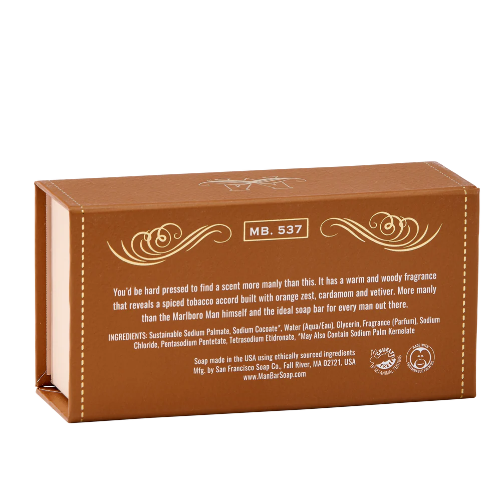 back view of box for spiced tobacco moisture rich man bar