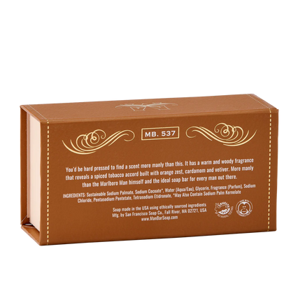 back view of box for spiced tobacco moisture rich man bar