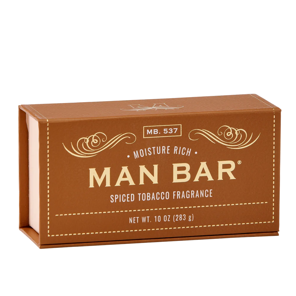 brown box packaging for spiced tobacco moisture rich man bar with gold lettering