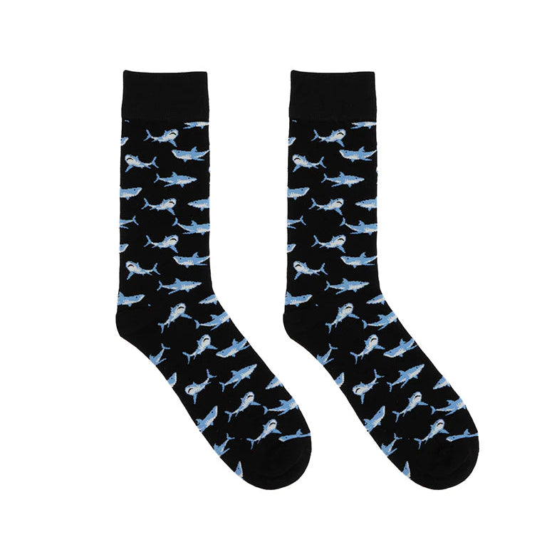 Black socks with blue shark pattern on a white background