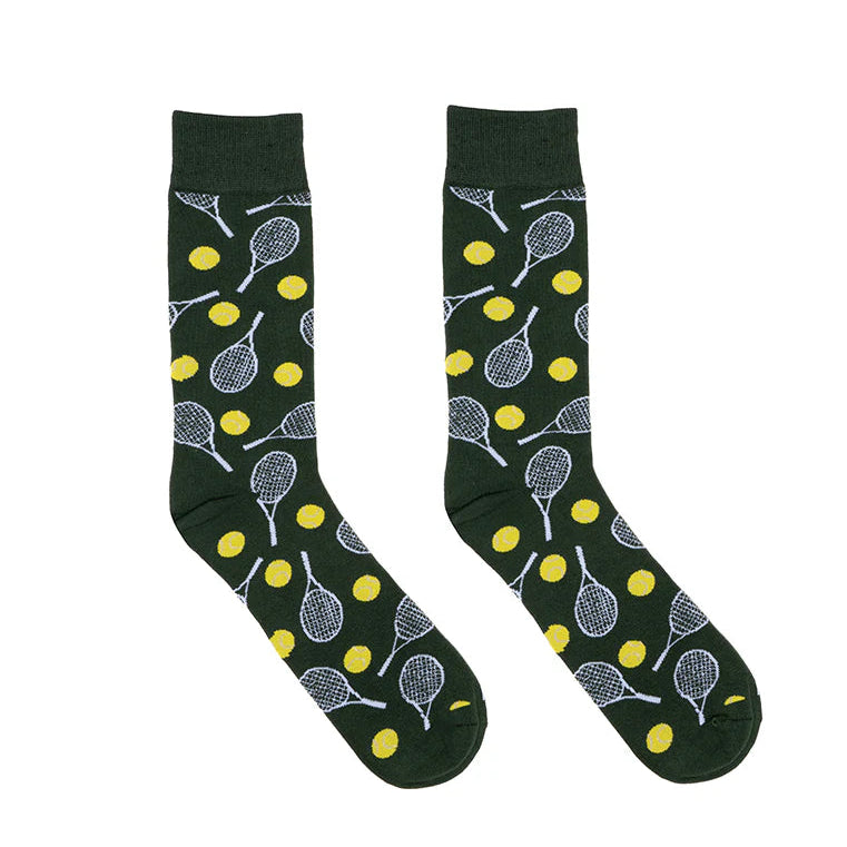 Dark green socks with tennis racket and ball pattern on a white background