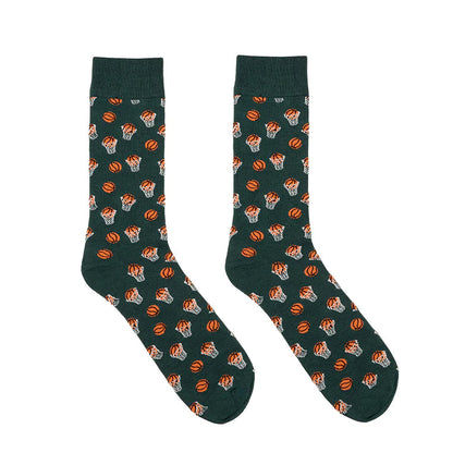 Green socks with a pattern of basketballs on a white background