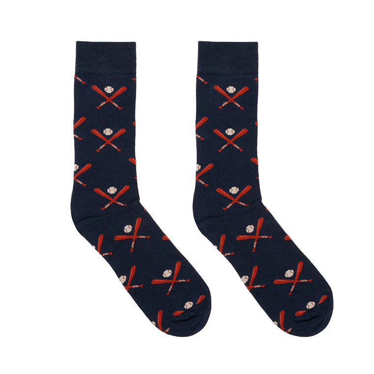 Navy socks with red and white baseball patterns on a white background