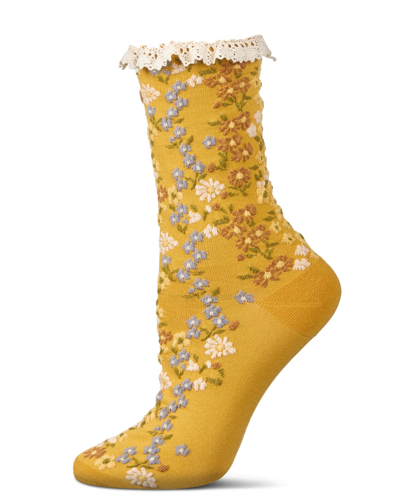 Mustard Liberty Floral Lace Cuff Crew Sock