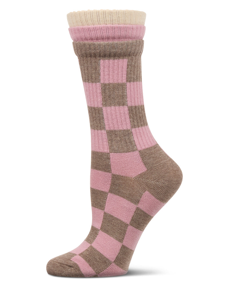 Violet Checkmate Triple Cuff Crew Sock